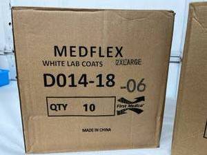 lot 91 image: MSRP $100  1 Case (10 each) NEW Medflex D014-18 Lab Coats - Size 2XL White & MSRP $60  1 Case (10 each) NEW Medflex D052-18-04 Lab Coats - Size Large Teal