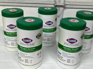 lot 92 image: Lot Of 5 Containers NEW Clorox Healthcare 155-Wipe CT 6.57 x 5.75 Hydrogen Peroxide Cleaner Regular Disinfectant Wipes - Expiration 226