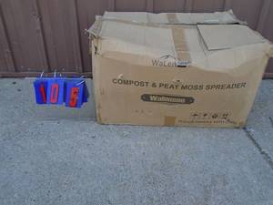 New in box compost & peat moss spreader. Needs to be assembled. As shown.