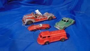 lot 43 image: 4 - Vintage Toys, Plastic Fire Engine, Rubber Car and Metal Truck and Fire Truck