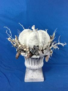 National Tree Company Artificial Pumpkin Urn, Decorated with Pinecones, Berry Clusters, Branches, White, Autumn Collection, 18 in