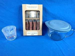 Porterhouse 4 Pc 5 Steak Knife Set, Anchor Mixing Bowl, Fire King Glass Measuring Bowl
