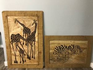 lot 203 image: 2 Pictures Made out of Banana Fiber - Zebras and Giraffes