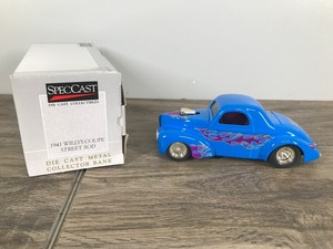 lot 255 image: 1999 SpecCast 1941 Willys Coupe Street Rod - The 50s 5th edition rod Minnesota State Fairgrounds - 125 scale die cast coin bank