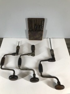 lot 338 image: 3 - Vintage Hand Drills - Bits and Wooden Box to hold Bits