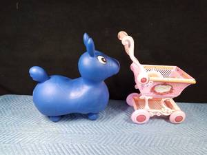 lot 71 image: Childs doll stroller and a bouncy horse
