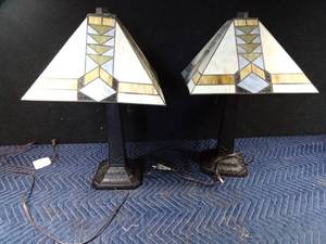 lot 59 image: Pair of Heavy metal base lamps with stained glass shades