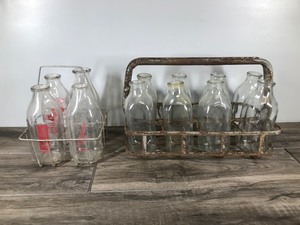 lot 375 image: 12 Vintage Milk Bottles & 2 Metal Carrying Cases