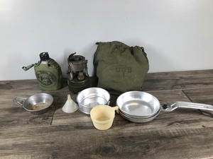 lot 406 image: Vintage Mess Kit with Burner - Canteen - Dishes - Bag & More