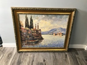 lot 554 image: John Zaccheo Framed Painting - Peer overlooking the bay and city