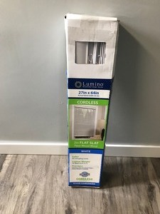 lot 567 image: Lumino Cordless Wood Blind - 27 x 64 - 2 flat sat faux wood blind
