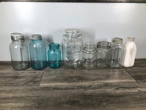 lot 578 image: Vintage Jars (Ball-Drey-Acme & More)  Yorkshire jug dispenser & Vintage Milk Bottle
