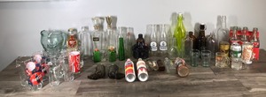 lot 591 image: Coca Cola Glasses - Vintage Bottles - Coca Cola Pitcher - Beer Cans - A&W Mini Mugs - Pepsi Cans - Vintage Bottles and more