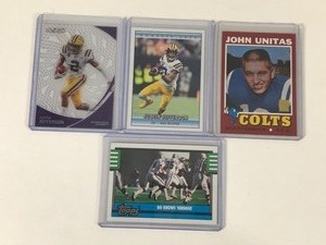 lot 651 image: Lot of 4 Football Cards all in Top Loaders - Justin Jefferson - John Unitas - Bo Jackson