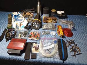 lot 632 image: Trailer lights lenses, state fair mounted patrol card, l-end wrenches, drill keys, bits, corks, hardware, thermos, Colbys visors and more