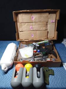 lot 628 image: Box of paper bags and a box of fishing items, bicycle flaps, fogger and more