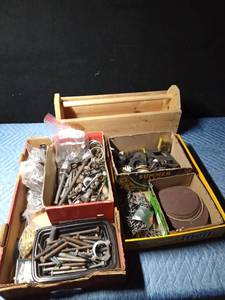 lot 631 image: Wood toolbox and 2 boxes of hardware