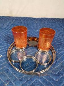 lot 517 image: Glass metal tray with 6 coasters and 2 carnival glass glasses