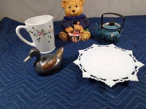lot 495 image: Cookie jar, Marshall Fields pitcher, milk glass, desert platter, metal tea pot and Leavy metal duck