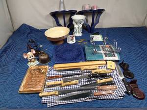 lot 103 image: Box of kitchen knives, shelves, curtains, twin sheet bowl, plate and more