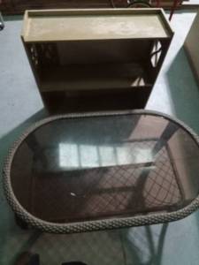 lot 639 image: 3 Tier wood shelf and glass top wicker coffeepatio table