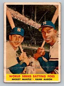 lot 13 image: Mickey Mantle  Hank Aaron 1958 Topps #418 World Series Batting Foes Vintage Baseball Card