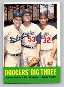 lot 37 image: Sandy Koufax  Don Drysdale  Johnny Podres 1963 Topps #412 Dodgers Big Three Vintage Baseball Card