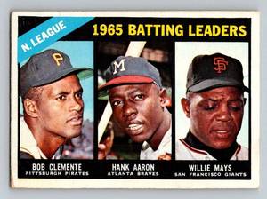 lot 39 image: Roberto Clemente  Hank Aaron  Willie Mays 1966 Topps #215 NL Batting Leaders Vintage Baseball Card