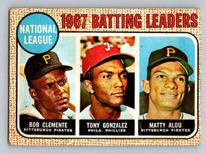 lot 61 image: Roberto Clemente  Tony Gonzalez  Matty Alou 1968 Topps #1 NL Batting Leaders Vintage Baseball Card