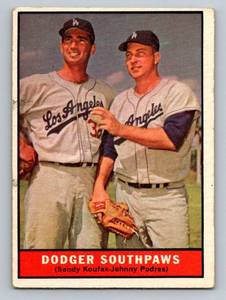 lot 70 image: Sandy Koufax  Johnny Podres 1961 Topps #207 Dodger Southpaws Vintage Baseball Card