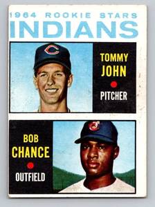 lot 87 image: Tommy John  Bob Chance RC 1964 Topps #146 Indians Rookie Stars Vintage Baseball Card