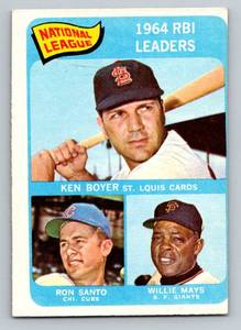 lot 97 image: Willie Mays  Ron Santo  Ken Boyer 1965 Topps #6 NL RBI Leaders Vintage Baseball Card