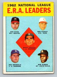 lot 105 image: Sandy Koufax  Don Drysdale  Bob Gibson 1963 Topps #5 NL ERA Leaders Vintage Baseball Card