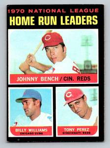 lot 113 image: Johnny Bench  Billy Williams  Tony Perez 1971 Topps #66 NL HR Leaders Vintage Baseball Card
