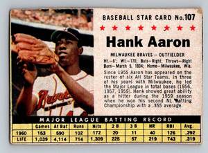 lot 7D image: Hank Aaron 1961 Post Cereal #107 Rare Vintage Baseball Card