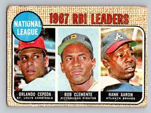 lot 9D image: Roberto Clemente, Han Aaron, Orlando Cepeda 1968 Topps #3 NL RBI Leaders Vintage Baseball Card
