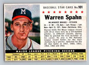 lot 14D image: Warren Spahn 1961 Post Cereal #101 Vintage Baseball Card