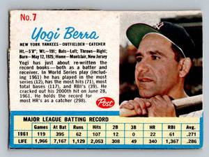 lot 16D image: Yogi Berra 1962 Post Cereal #7 Vintage Baseball Card