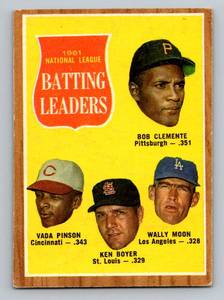 lot 17D image: Roberto Clemente, Vada Pinson, Ken Boyer 1962 Topps #52 NL Batting Leaders Vintage Baseball Card