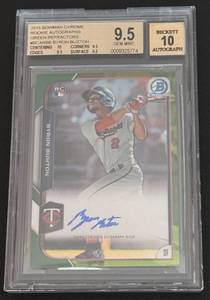 lot 6A image: Byron Buxton 99 RC Auto Graded 9.5  10 Gem Mint Green Refractor 2015 Bowman Chrome Rookie Autographs #BCARBB Minnesota Twins Baseball Card