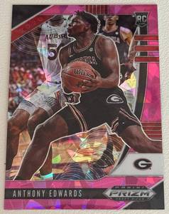 lot 9A image: Anthony Edwards RC Pink Cracked Ice Prizm 2020-2021 Draft Picks #1 Rookie Minnesota Timberwolves Basketball Card