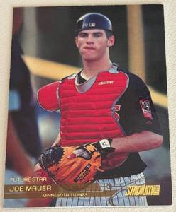 lot 55A image: Joe Mauer RC Gold SP 2002 Topps Stadium Club Future Star #107 Rookie Minnesota Twins Baseball Card