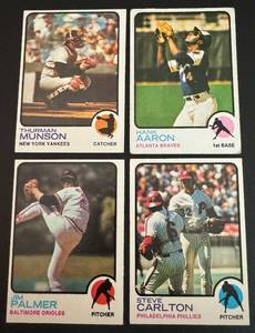 lot 76A image: Hank Aaron, Thurman Munson, Jim Palmer, Steve Carlton 4 Card 1973 Topps Vintage Baseball Lot