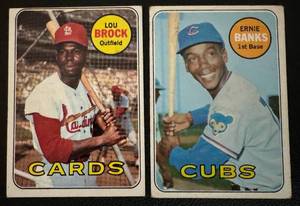 lot 78A image: Ernie Banks and Lou Brock 2 Card 1969 Topps Vintage Baseball Lot