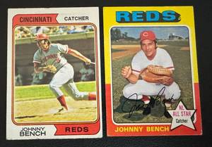 lot 79A image: Johnny Bench 1974 and 1975 Topps 2 Card Vintage Baseball Lot