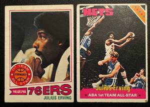 lot 76 image: Julius Irving 2 Card Lot - 1975 #300 and 1977 #100 Vintage Basketball Cards