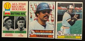 lot 115 image: 1979 Topps 3 Card Star Lot - Eddie Murray 2nd Year #640, Reggie Jackson #700, All-Time Bating Record HornsbyCobb #414 Vintage Baseball Cards