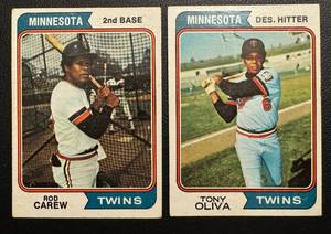 lot 134 image: Rod Carew  Tony Oliva 1974 Topps 2 Card Vintage Minnesota Twins Baseball Lot