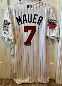 lot 2 image: Joe Mauer Signed Minnesota Twins Jersey with Dual COA - MLB and Steiner - Majestic Authentic Collection Size 44 with 2014 All-Star Game Patch - Hall of Fame HOF
