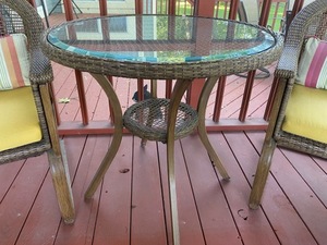 lot 111 image: The Perfect Little 3 Piece Conversation Set of Three Piece Metal and Wicker Table and Chairs